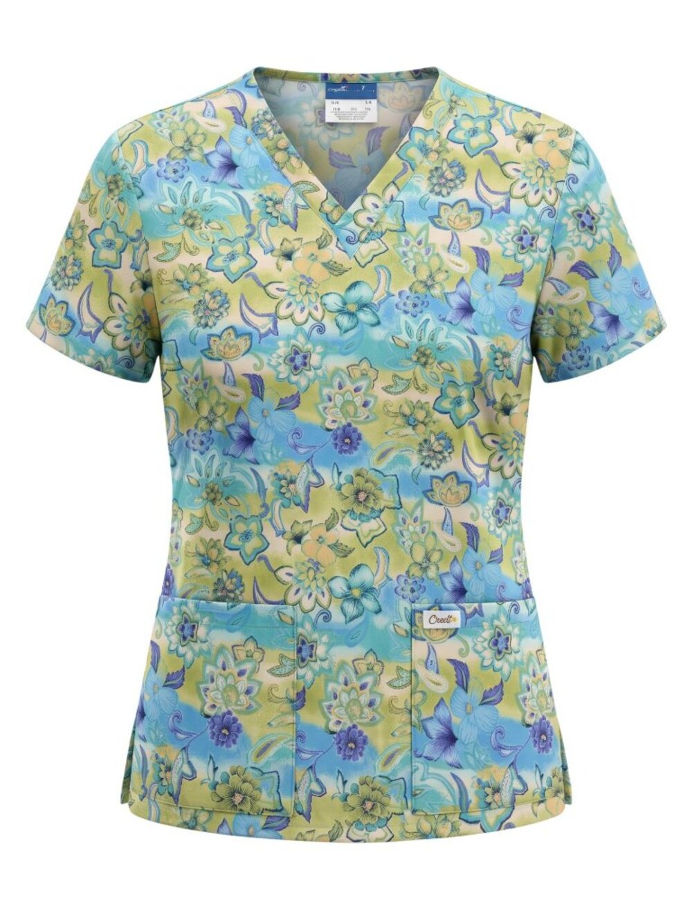 Crest Womens Floral Print V-Neck Scrub Top With Pockets Size S